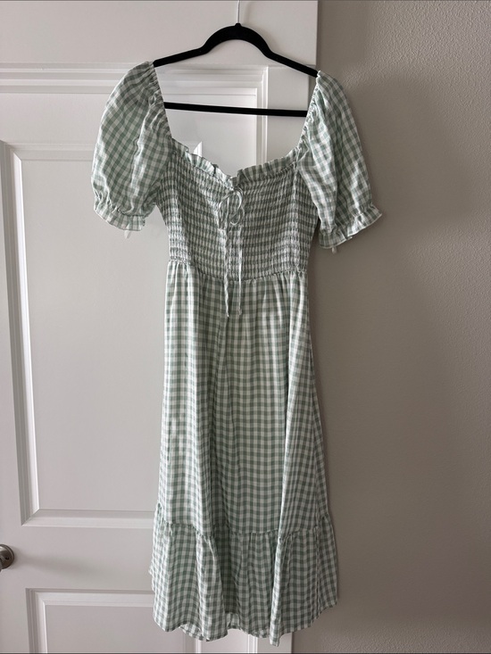 Dresses & Skirts - Gingham Puff Sleeve Midi Dress in Sage Green